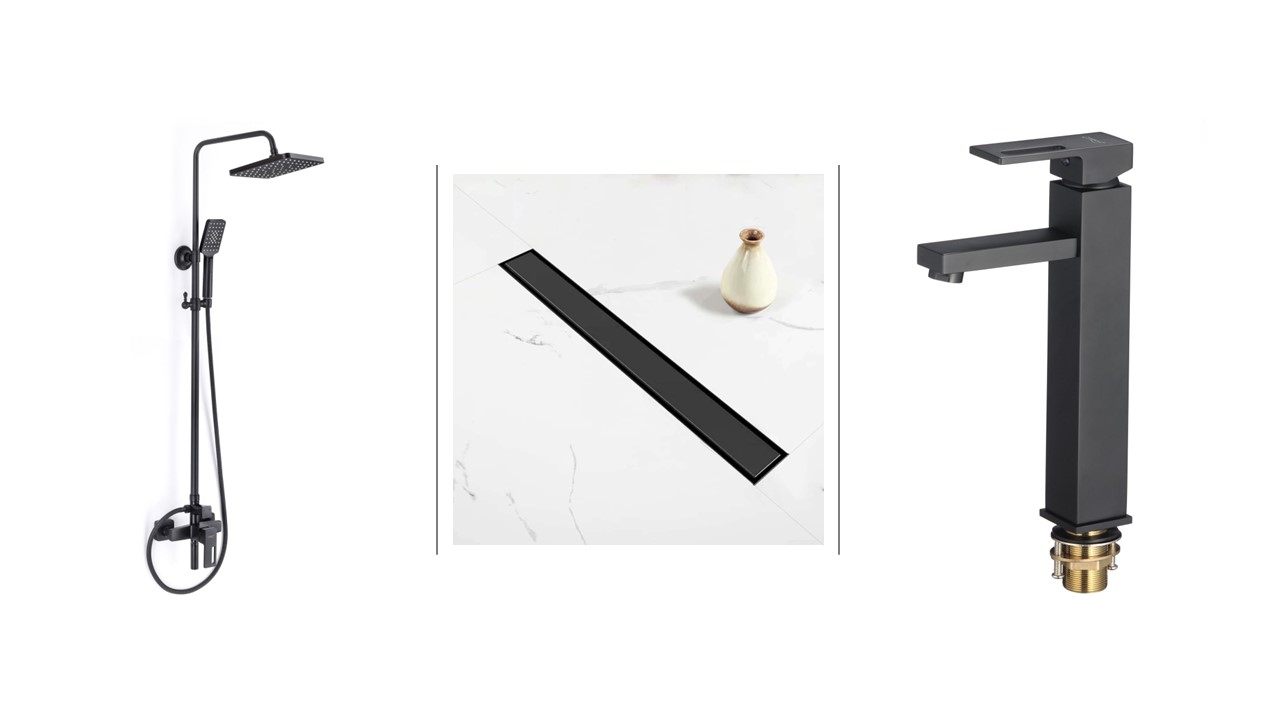Uscatoare de maini, Set Coloană Duș Trendys cu 3 Funcții + Baterie Lavoar pe Blat + Sifon Pardoseală 60×8 cm, Ieșire Ø32, trendysanitary.ro