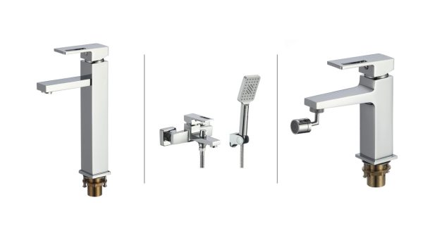 Set baterii baie crom lucios – baterie cadă perete, baterie lavoar pe blat și baterie bideu, 3355, trendysanitary.ro