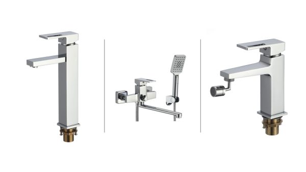 Set baterii baie crom lucios – baterie cadă cu pipă lungă, montaj pe perete + baterie lavoar pe blat + baterie bideu, 924, trendysanitary.ro