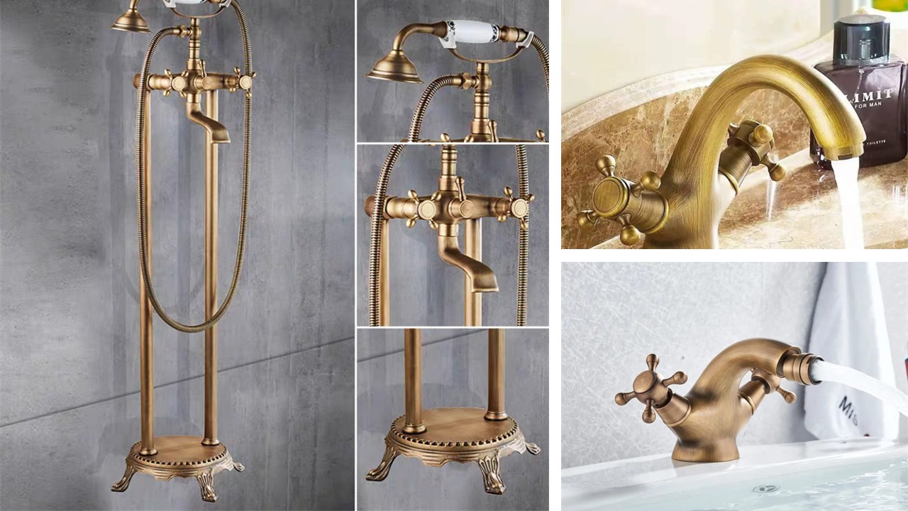 Set mobilier baie, Set baterii baie bronz antichizat – cadă freestanding cu dublă comandă, baterie lavoar și baterie bideu, trendysanitary.ro