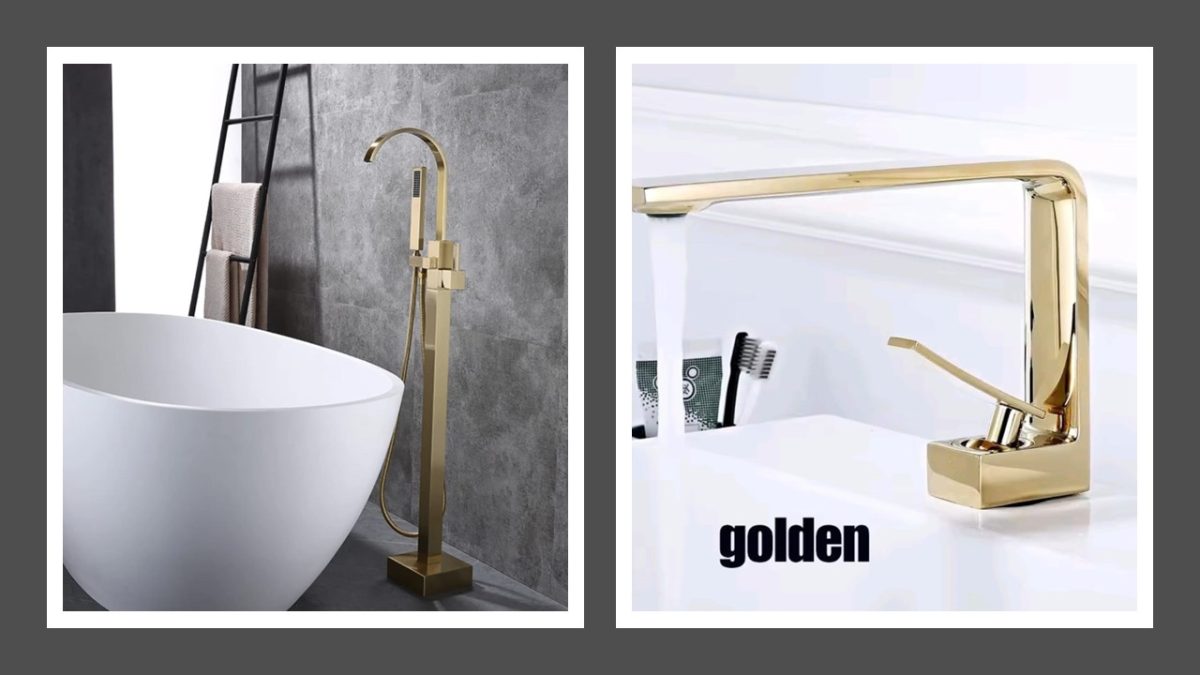 Set Baterii Baie TRENDY’S – Finisaj Gold – Cadă Freestanding + Lavoar, 3225, trendysanitary.ro