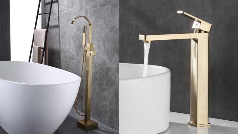 Seturi baie – baterii si chiuvete, Set baterii baie auriu – cadă freestanding rectangulară + baterie lavoar pe blat, finisaj gold, trendysanitary.ro