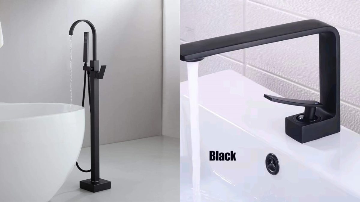 Set Baterii Baie TRENDY’S – Finisaj negru mat – Cadă Freestanding + Lavoar, 3032, trendysanitary.ro