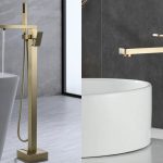 Set baterii baie gold – cadă freestanding + lavoar blat, design rectangular, finisaj auriu, 9575, trendysanitary.ro