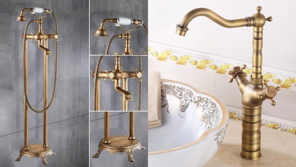 Set Baterii Bronz Antichizat – Cadă Freestanding cu Dublă Comandă + Baterie Bucătărie Tip Lebădă, Pipa Înaltă Mobilă, 9794, trendysanitary.ro