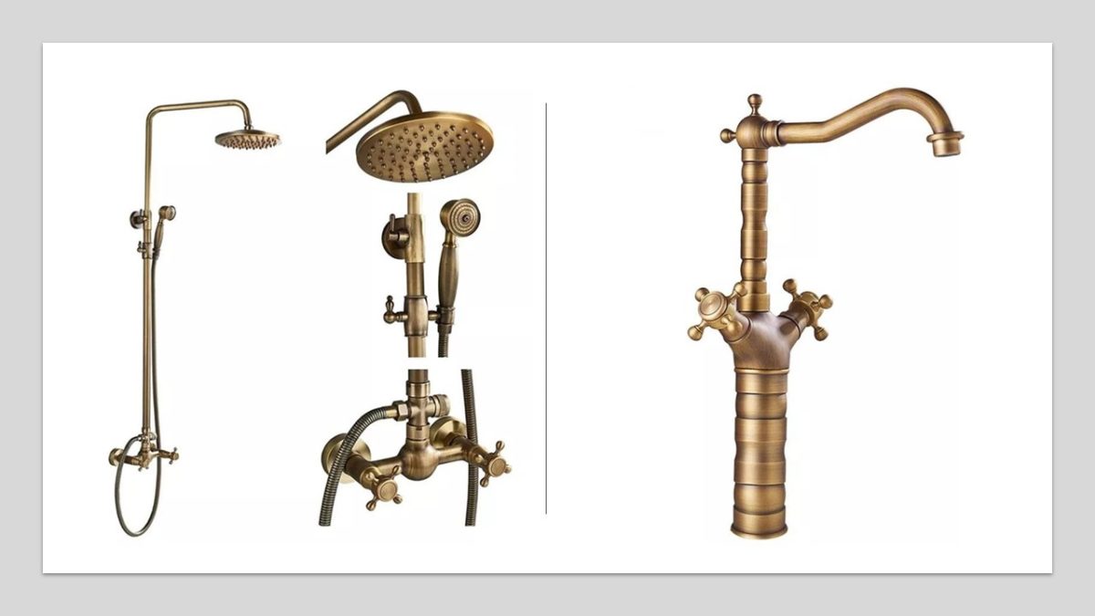 Set Coloană Duș TRENDY’S + Baterie Lavoar pe Blat, Finisaj Bronz Antichizat, 7784, trendysanitary.ro