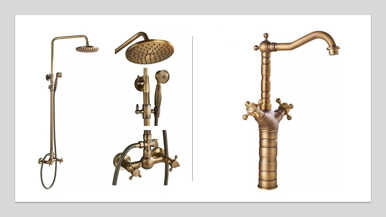 Set Coloană Duș TRENDY’S + Baterie Lavoar pe Blat, Finisaj Bronz Antichizat, 7046, trendysanitary.ro