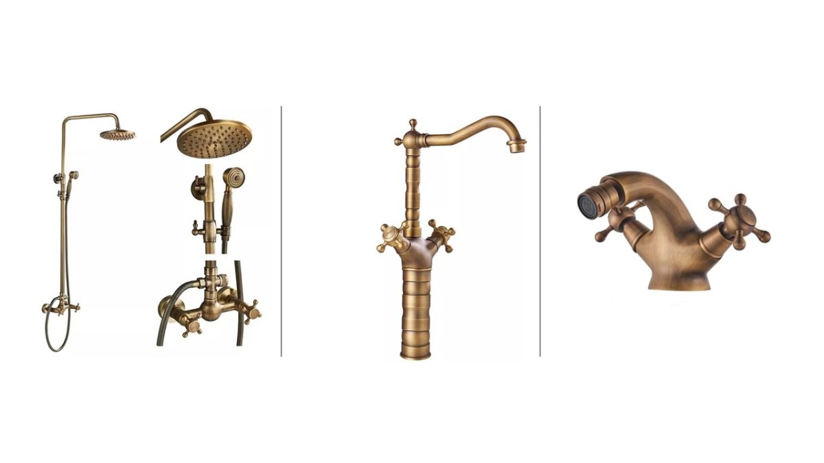 Set Coloană Duș TRENDY’S + Baterie Lavoar pe Blat + Baterie Bideu, Finisaj Bronz Antichizat, 6691, trendysanitary.ro