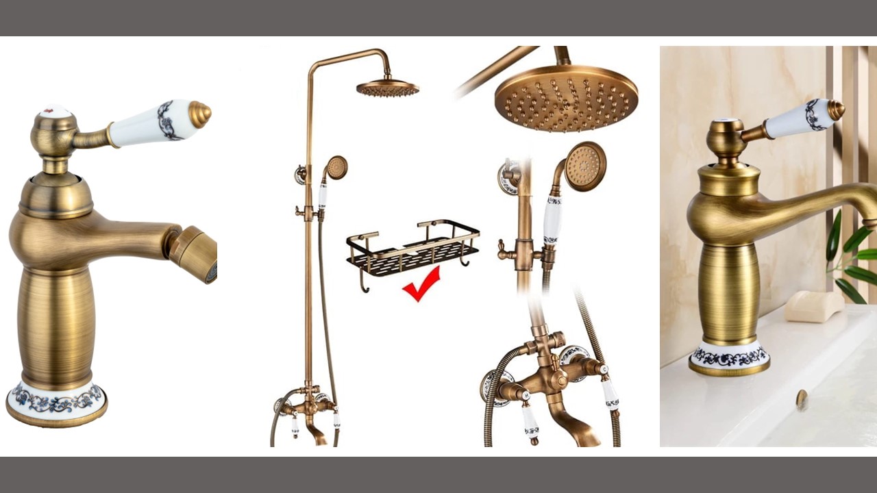 Set mobilier baie, Set baterii baie bronz antichizat – coloană de duș TRENDY S cu broderie ceramică, baterie lavoar și baterie bideu, trendysanitary.ro