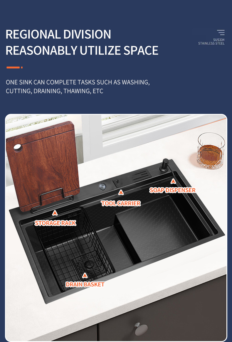 Chiuvetă Bucătărie Dublă Inox Negru 78x46 cm cu Tocător și Accesorii, Strat Nano (10) Chiuvetă Bucătărie Dublă Inox Negru 78×46 cm cu Tocător și Accesorii, Strat Nano, 4933, trendysanitary.ro