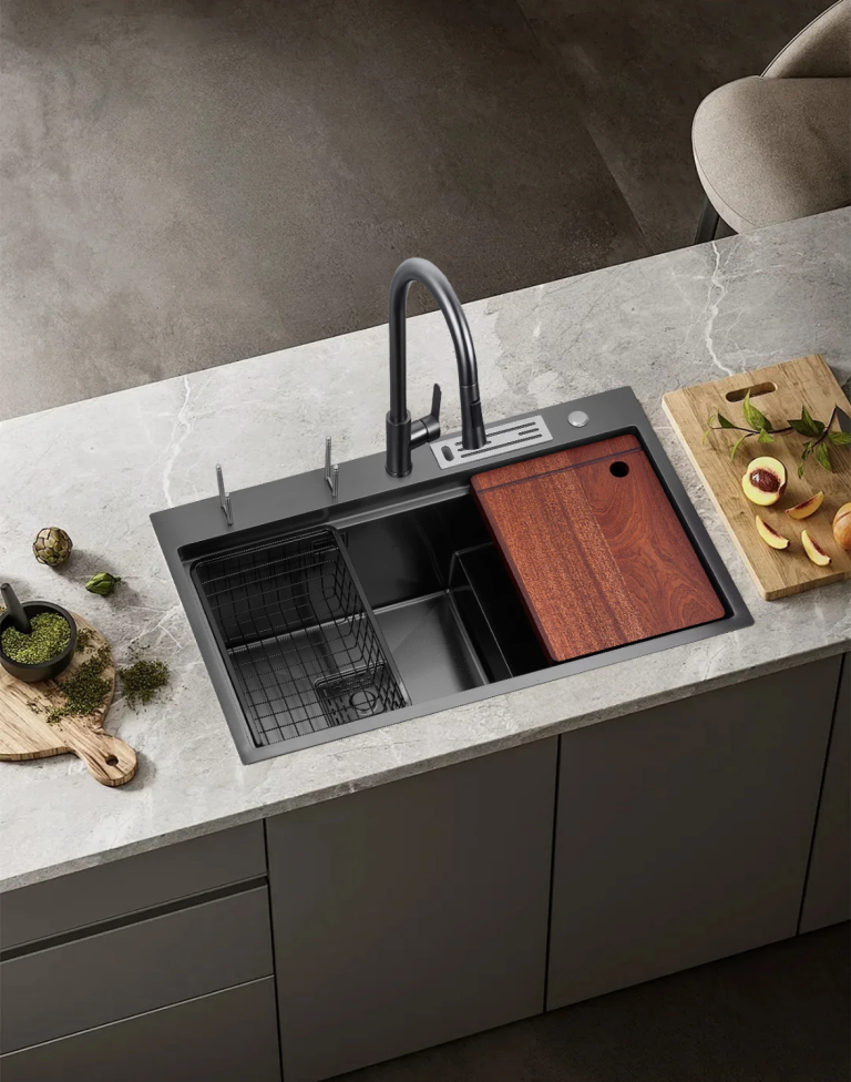 Chiuvete multifunctionale, Chiuvetă Bucătărie Dublă Inox Negru 78×46 cm cu Tocător și Accesorii, Strat Nano, trendysanitary.ro