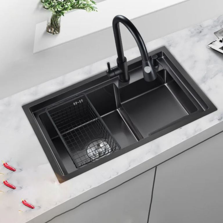 Chiuvete multifunctionale, Chiuvetă Bucătărie Dublă din Oțel Inoxidabil SUS304, cu Acoperire Nano, 78×46 cm, Coș de Scurgere și Dozator de Săpun – Design Modern, Antizgârieturi și Antipete, trendysanitary.ro