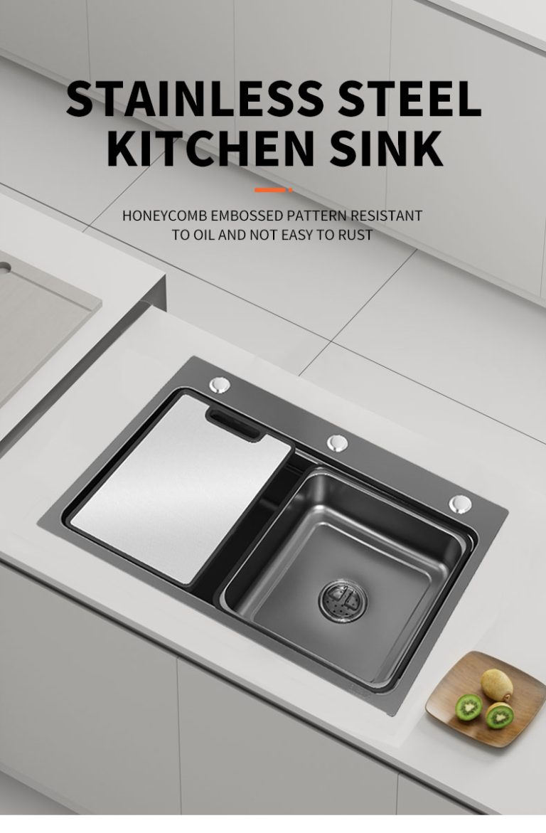 Chiuvete multifunctionale, Chiuvetă de Bucătărie Compactă din Inox SUS304, 75×46 cm, cu Tocător – Design Modern, Adâncime Mare și Evacuare Rapidă, trendysanitary.ro