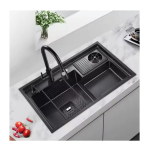 Chiuvetă Bucătărie Inox Negru 78×48 cm cu Două Cuve, Accesorii și Strat Nano, 7269, trendysanitary.ro