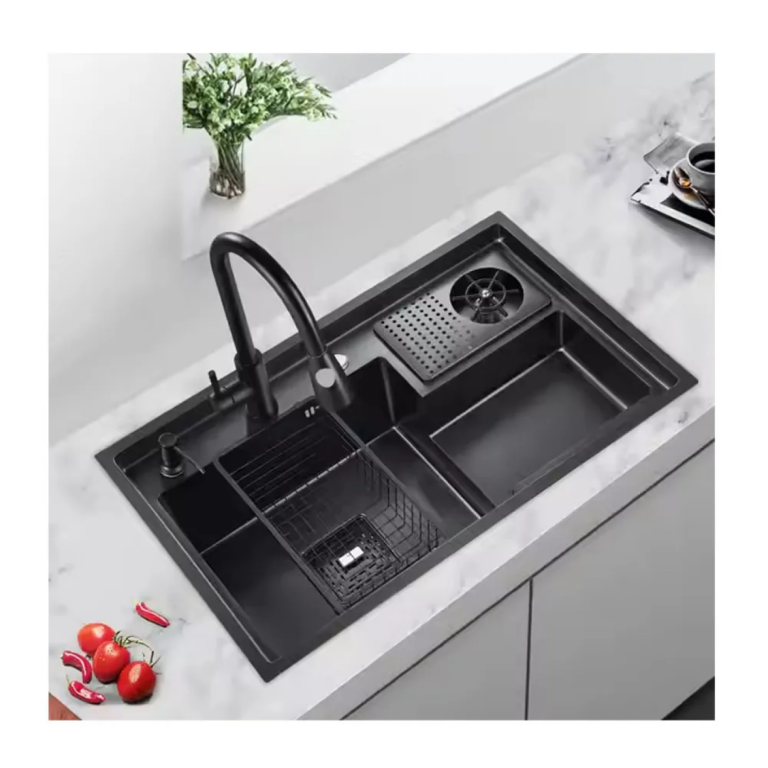 Chiuvete multifunctionale, Chiuvetă Bucătărie Inox Negru 78×48 cm cu Două Cuve, Accesorii și Strat Nano, trendysanitary.ro