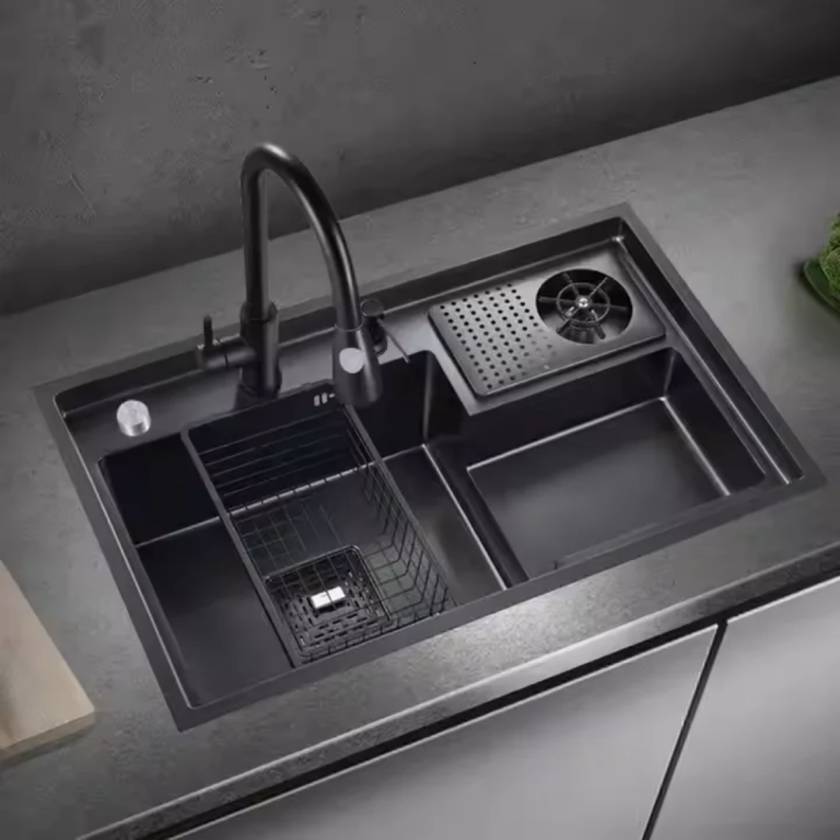 Chiuvete multifunctionale, Chiuvetă Bucătărie Inox Negru 78×48 cm cu Două Cuve, Accesorii și Strat Nano, trendysanitary.ro