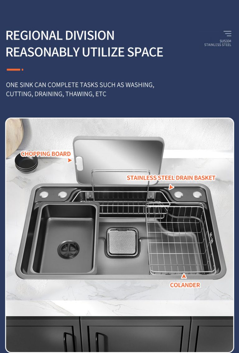 Chiuvete multifunctionale, Chiuvetă de Bucătărie din Inox SUS304, 78×48 cm, cu Accesorii, Coș de Scurgere și Tocător – Rezistentă la Pete și Zgârieturi, trendysanitary.ro