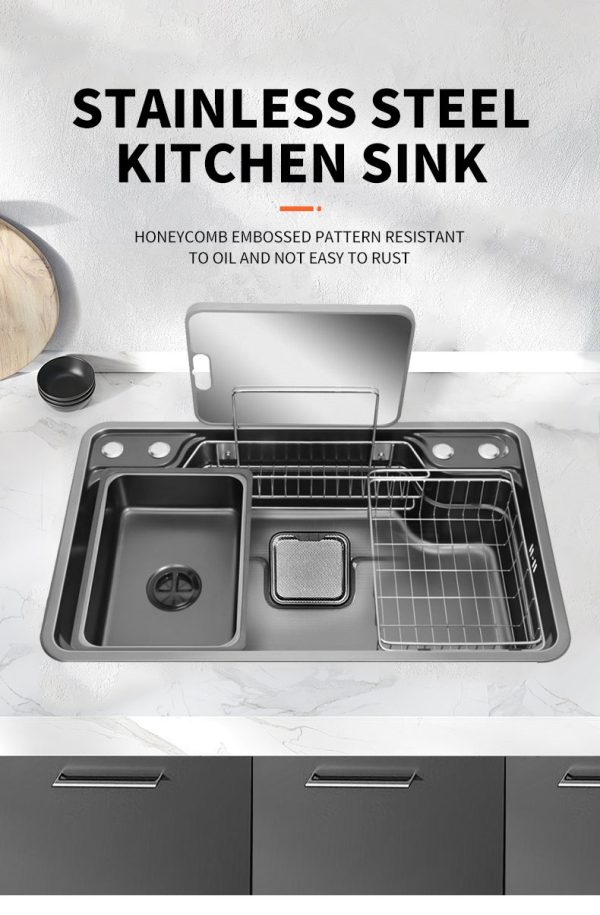 Chiuvetă de Bucătărie din Inox SUS304, 78×48 cm, cu Accesorii, Coș de Scurgere și Tocător – Rezistentă la Pete și Zgârieturi, 9725, trendysanitary.ro