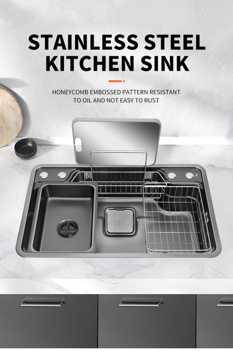 Chiuvete multifunctionale, Chiuvetă de Bucătărie din Inox SUS304, 78×48 cm, cu Accesorii, Coș de Scurgere și Tocător – Rezistentă la Pete și Zgârieturi, trendysanitary.ro