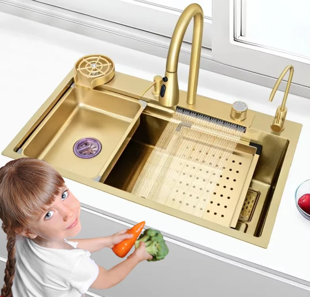 Chiuvetă multifuncțională inox auriu (Gold) TRENDY’S, 75×46 cm, cu LED, baterie apă purificată și accesorii premium, 6970, trendysanitary.ro