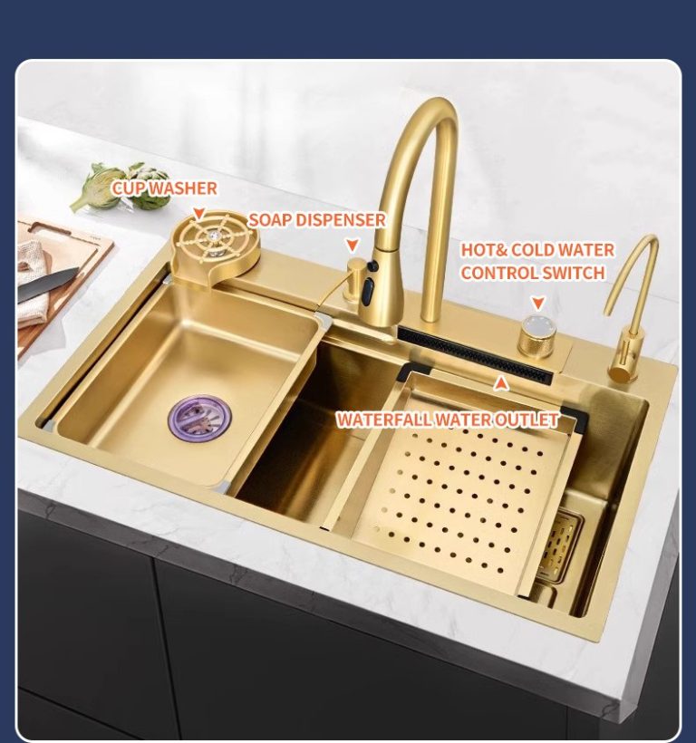 Chiuvete multifunctionale, Chiuvetă multifuncțională inox auriu (Gold) TRENDY’S, 75×46 cm, cu LED, baterie apă purificată și accesorii premium, trendysanitary.ro