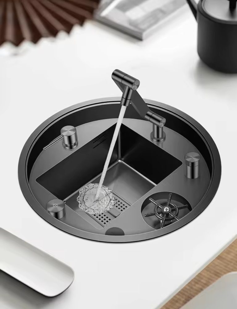 Chiuvete multifunctionale, Chiuvetă rotundă multifuncțională inox TRENDY’S, 50×50×22 cm, cu baterie pliabilă 360°, sistem spălat pahare și dozator săpun, trendysanitary.ro