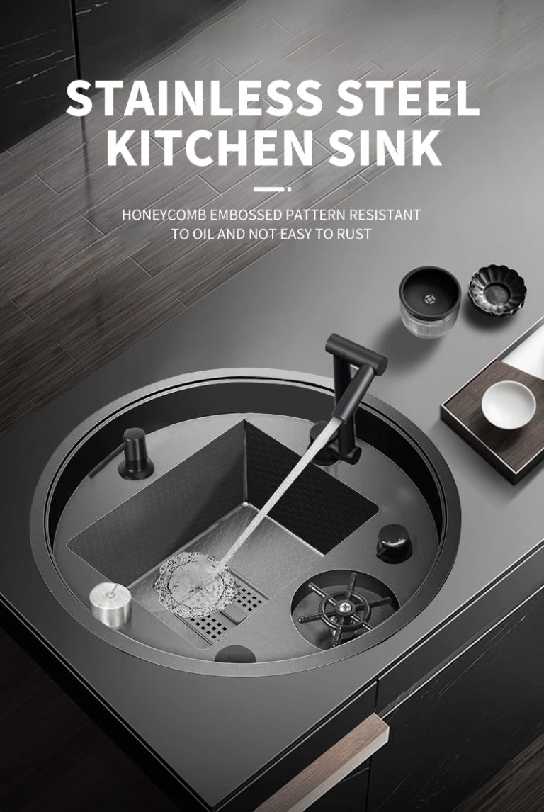 Chiuvete multifunctionale, Chiuvetă rotundă multifuncțională inox TRENDY’S, 50×50×22 cm, cu baterie pliabilă 360°, sistem spălat pahare și dozator săpun, trendysanitary.ro