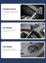 Chiuvetă rotundă multifuncțională inox TRENDY’S, 50×50×22 cm, cu baterie pliabilă 360°, sistem spălat pahare și dozator săpun, 3978, trendysanitary.ro