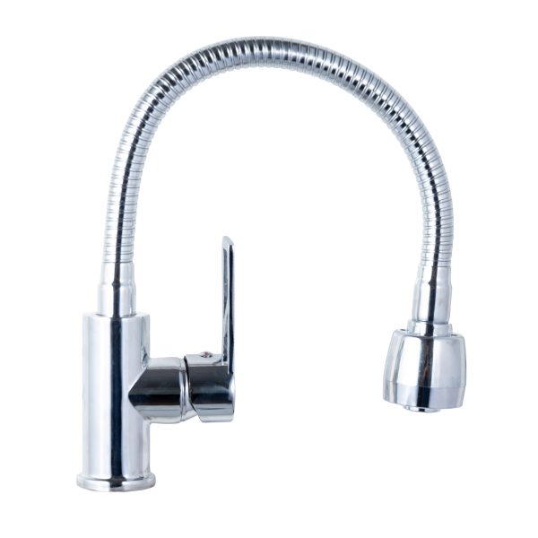 Baterie bucătărie monocomandă Trendy’s cu pipă flexibilă și perlator 2 funcții, crom, 3994, trendysanitary.ro