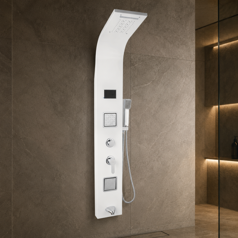 Panou dus hidromasaj, Panou dus TRENDY’S, cu hidromasaj inox 5 functii Digital Thermo, alb satin, trendysanitary.ro