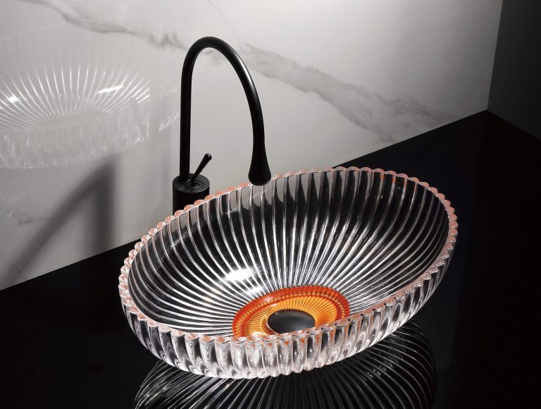 Lavoar tip bol, Lavoar oval din sticlă transparentă cu detalii portocalii Trendy’s – Design elegant, 505×350 mm, trendysanitary.ro