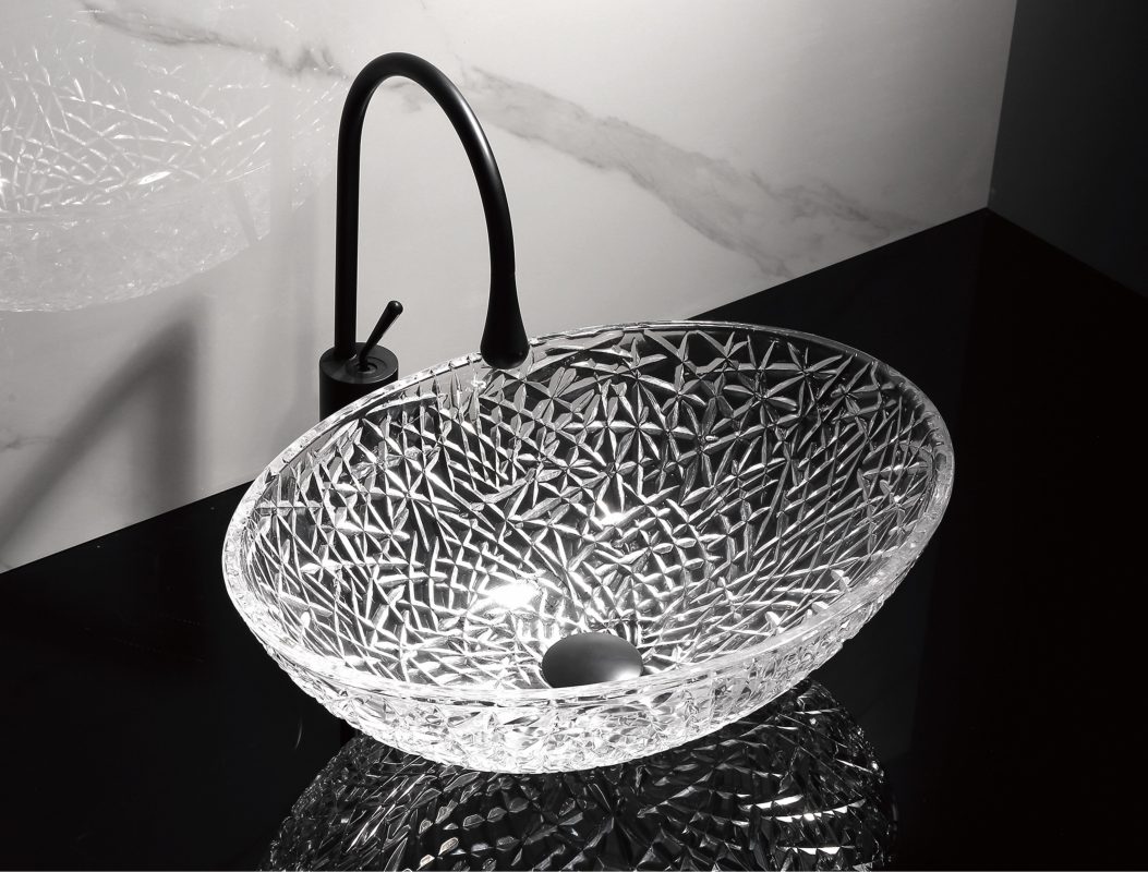 Baterii chiuveta baie, Lavoar oval din sticlă transparentă cu model floral Trendy’s – Design rafinat, 505x360x155 mm, trendysanitary.ro