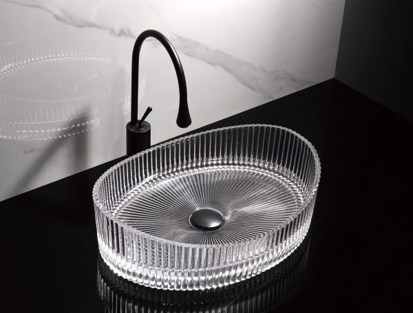 Lavoar oval din sticlă transparentă cu model vertical Trendy’s – Design elegant, 500x370x140 mm, 5920, trendysanitary.ro