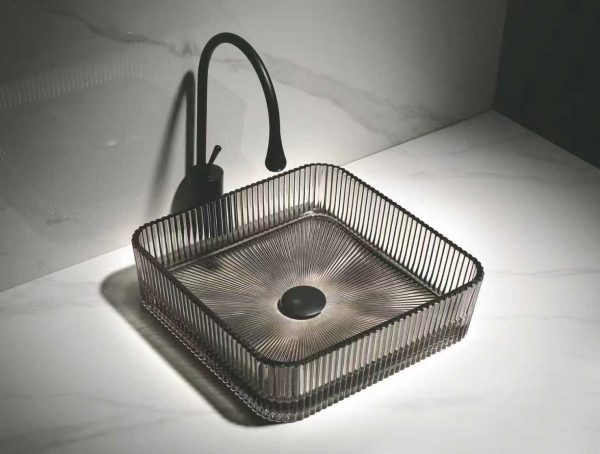 Lavoar pătrat din sticlă fumurie cu model vertical Trendy’s – Design modern, 390x390x105 mm, 1836, trendysanitary.ro