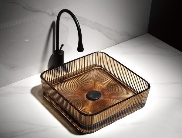 Lavoar pătrat din sticlă maro cu model vertical Trendy’s – Design modern, 390x390x105 mm, 741, trendysanitary.ro