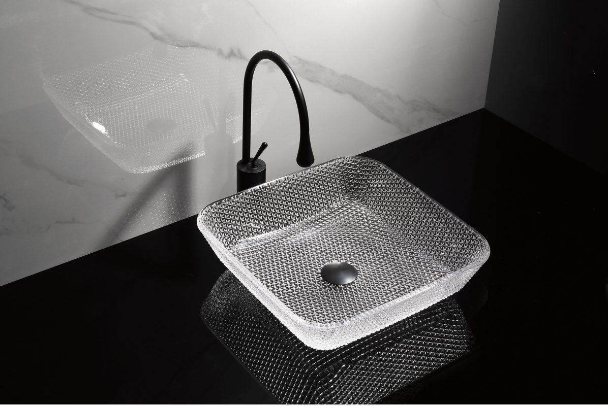 Baterii chiuveta baie, Lavoar pătrat din sticlă transparentă Trendy’s – Design modern, 400×400 mm, trendysanitary.ro