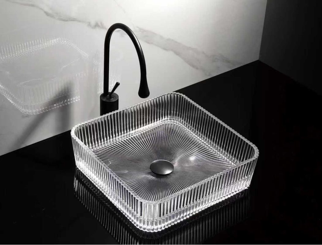 Baterii chiuveta baie, Lavoar pătrat din sticlă transparentă cu model vertical Trendy’s – Design modern, 390x390x105 mm, trendysanitary.ro