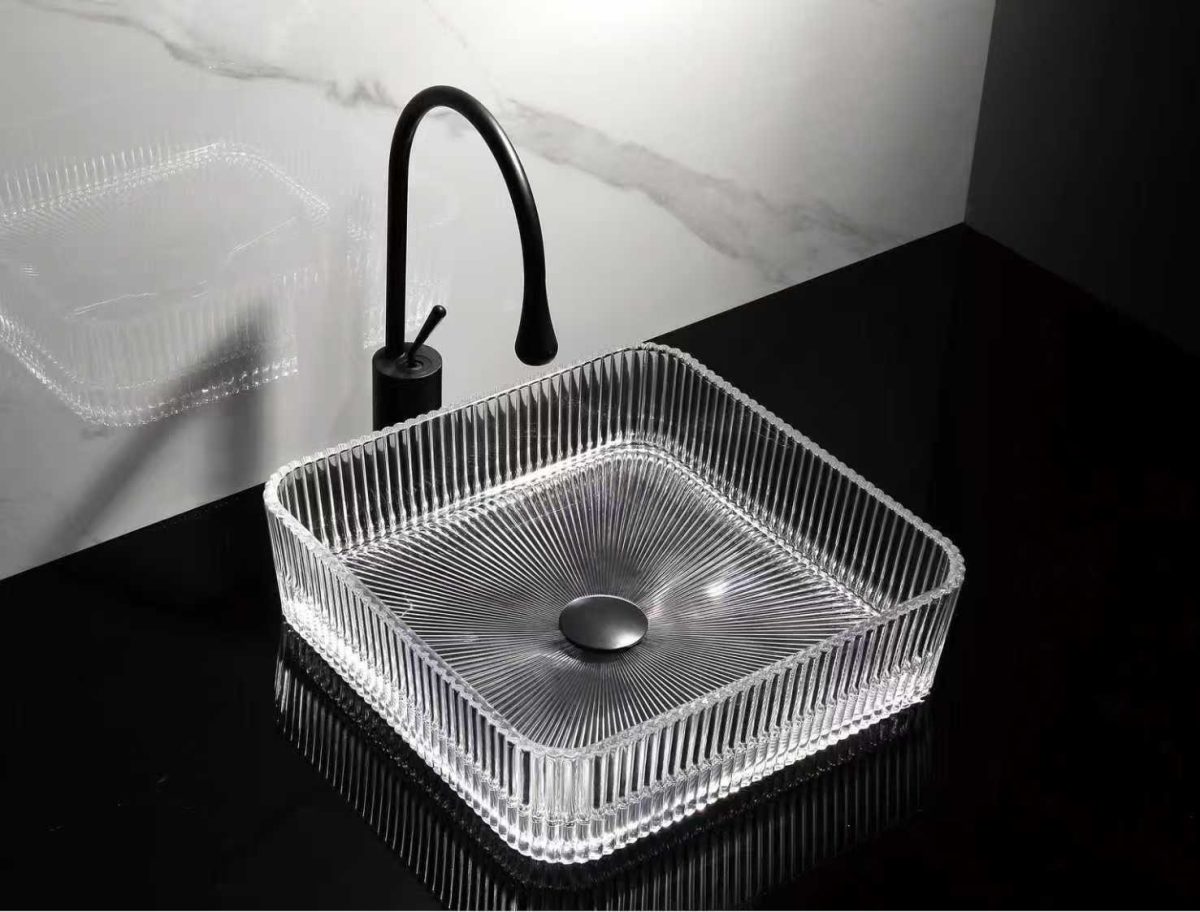 Lavoar pătrat din sticlă transparentă cu model vertical Trendy’s – Design modern, 390x390x105 mm, 8317, trendysanitary.ro