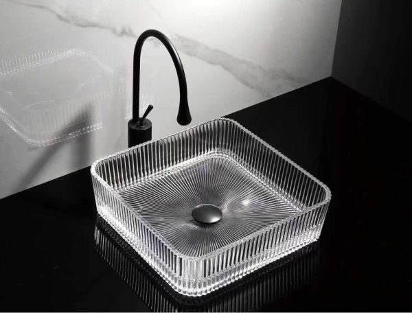 Lavoar pătrat din sticlă transparentă cu model vertical Trendy’s – Design modern, 390x390x105 mm, 9638, trendysanitary.ro