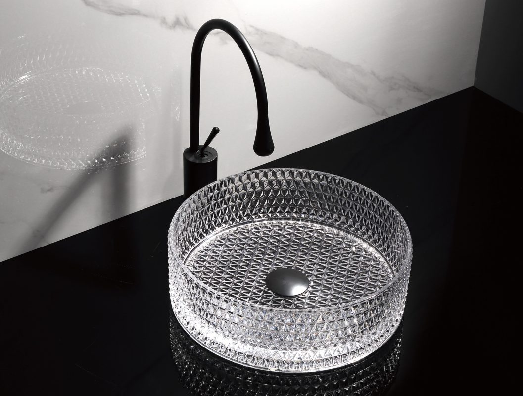 Baterii chiuveta baie, Lavoar rotund din sticlă transparentă cu model geometric Trendy’s – Design elegant, 390×120 mm, trendysanitary.ro