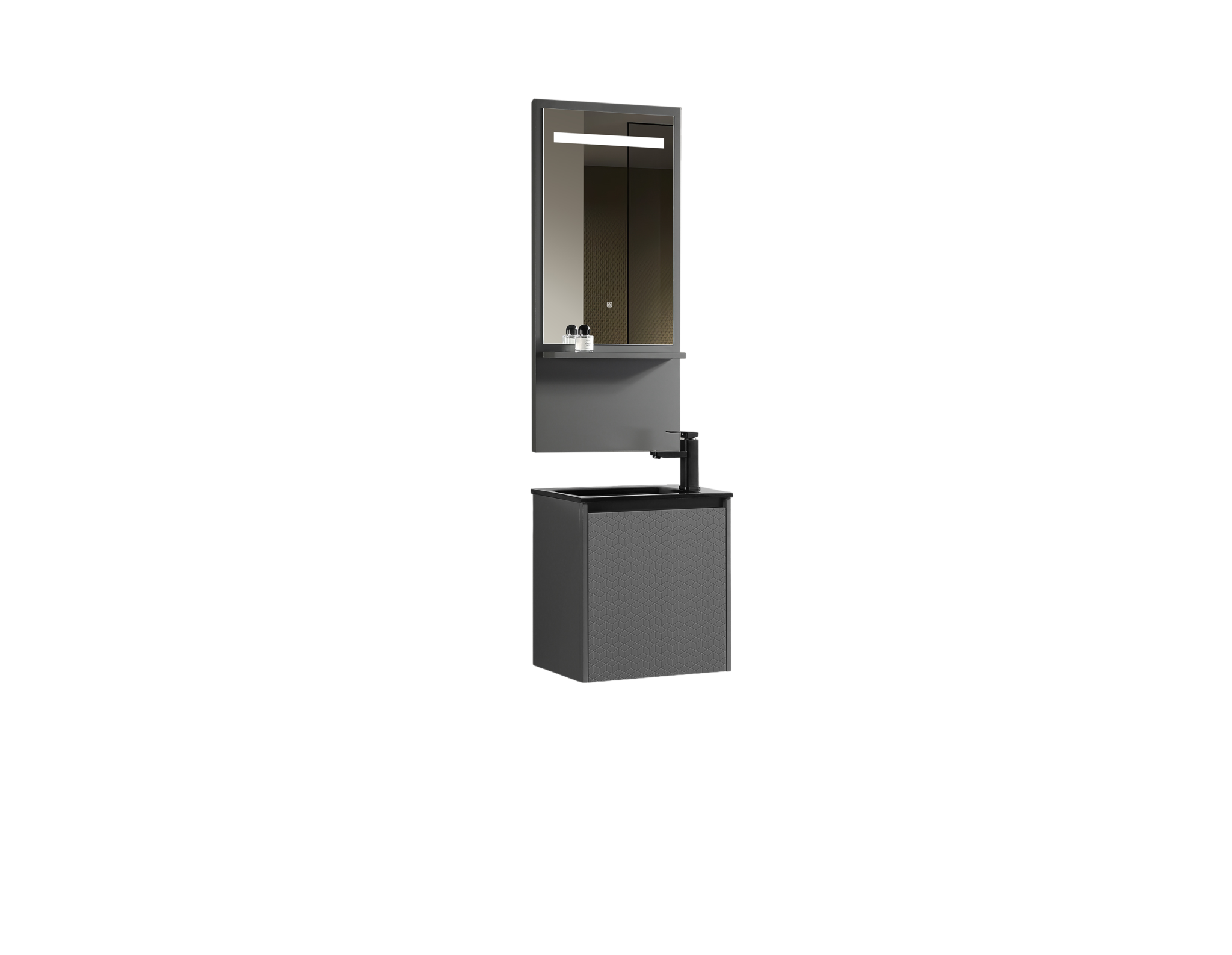 Set mobilier baie Trendy’s cu lavoar ceramic negru și oglindă LED cu raft – gri mat, 500×460 mm, 7962, trendysanitary.ro