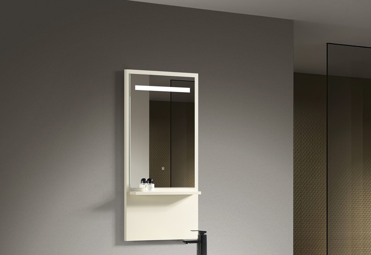 Oglindă baie Trendy’s cu iluminare LED și raft – crem, 500×1050 mm, 6431, trendysanitary.ro