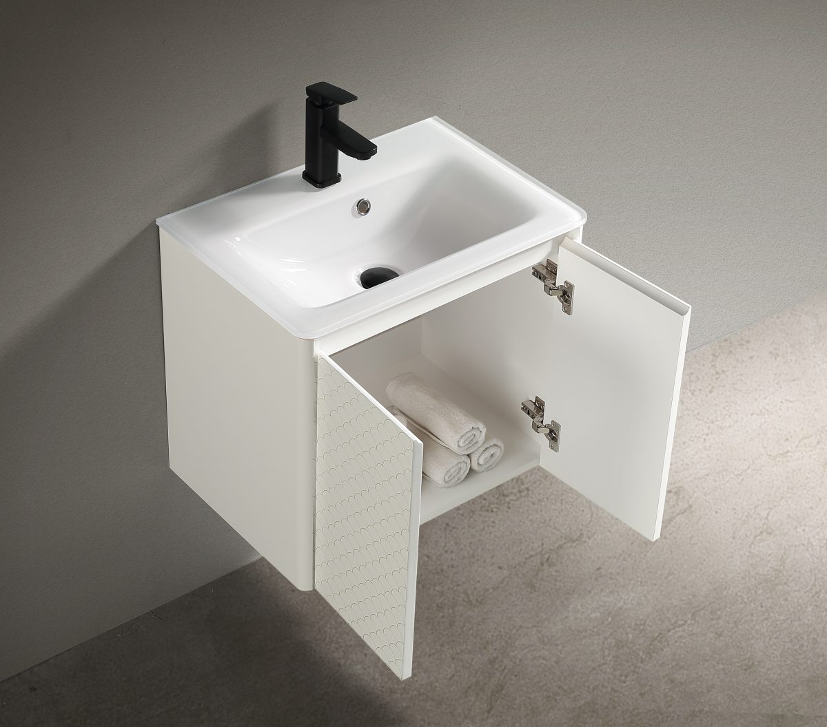 Set mobilier baie Trendy’s cu lavoar ceramic și oglindă LED ovală – alb mat, 500×460 mm, 1739, trendysanitary.ro